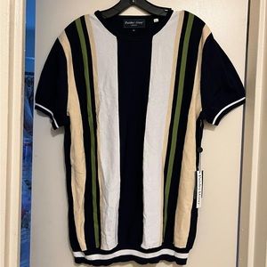 Paisley & Gray Slim Fit Short Sleeve Retro Shirt, Navy & Green Stripe